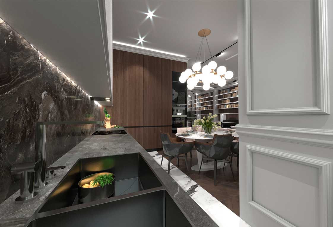 Дизайн интерьера в проекте квартиры для совмещенной кухни с гостиной